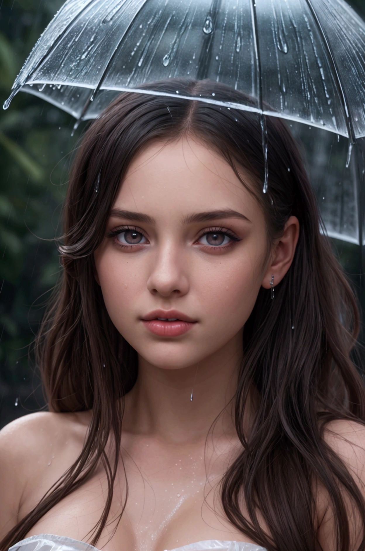 (Best quality, 4k, Masterpiece :1.3), pretty woman, 1girl, sexy :1.1, dark brown hair: 1.1, (rainy wet, wet from rain, wet body :1.2), white tank tops, ultra-detailed face, detailed lips, detailed eyes, double eyelid