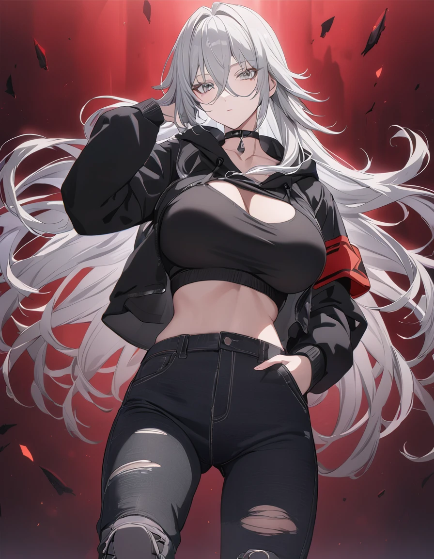 sovetsky_Soyuz, grey hair, long hair, cropped jaket, hoodie over shirt, red armband, torn black jeans, boots, choker, large breasts, first rate breasts, grey eyes, detailed eyes, good eyes, sharp eyes, Long eyelashes, eye shadow, ominous vibe, expressionless, stoic, relaxing, Ultra quality, UHD, high detail, anime aesthetic, Anime screenshot, Ultra quality, UHD, high detail. Abstract red background, standing, hands in pocket