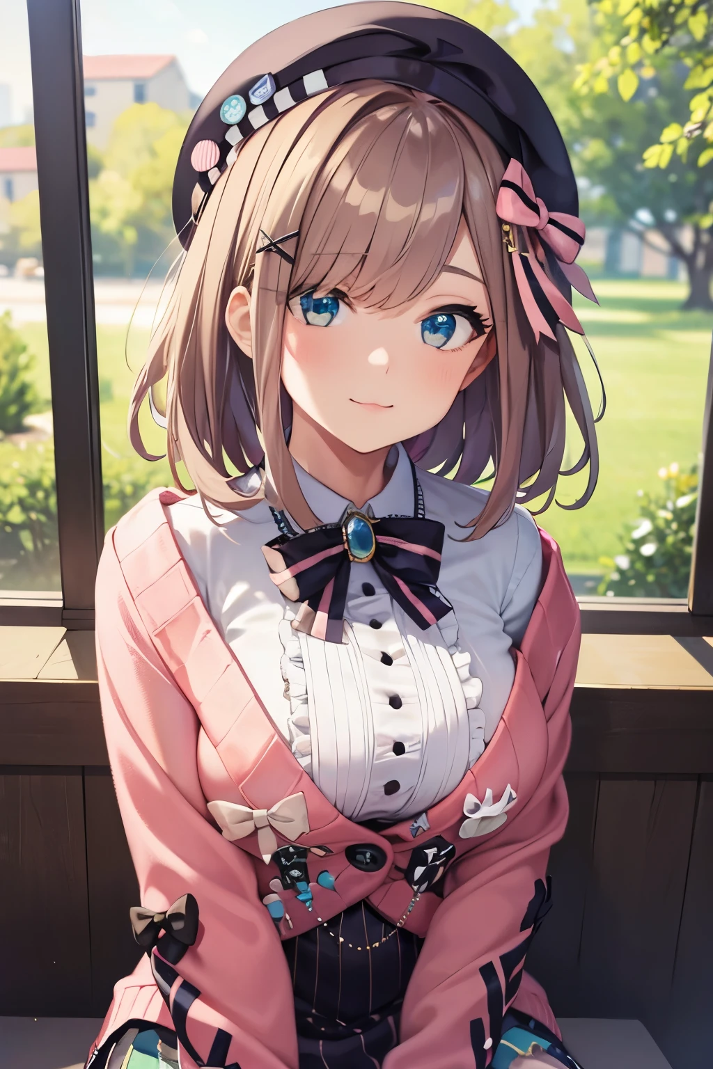 (8k, raw photo, masterpiece, extremely detailed, best quality, professional lighting, high res), BREAK beautiful and adorable girl, BREAK hmsl1, beret, x hair ornament, medium hair, pink bow, large breasts, jewelry, pink cardigan, brooch, white shirt, vertical-striped skirt, striped pantyhose, wavy mouth