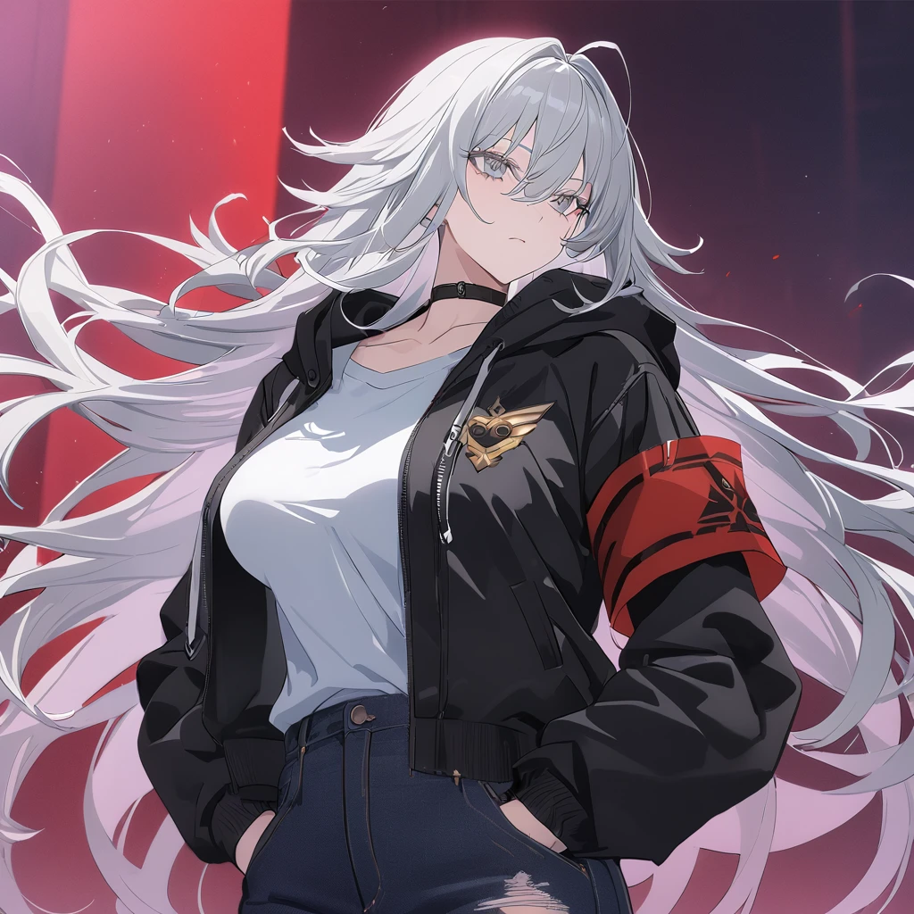 sovetsky_Soyuz, grey hair, long hair, cropped jaket, hoodie over shirt, red armband, torn black jeans, choker, large breasts, first rate breasts, grey eyes, detailed eyes, good eyes, sharp eyes, Long eyelashes, eye shadow, ominous vibe, expressionless, stoic, relaxing, Ultra quality, UHD, high detail, anime aesthetic, Anime screenshot, Ultra quality, UHD, high detail. Abstract red background, standing, hands in pocket