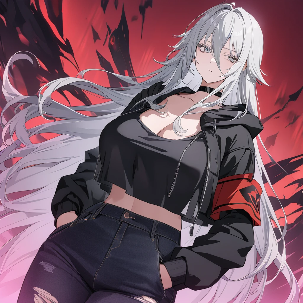 sovetsky_Soyuz, grey hair, long hair, cropped jaket, hoodie over shirt, red armband, torn black jeans, choker, large breasts, first rate breasts, grey eyes, detailed eyes, good eyes, sharp eyes, Long eyelashes, eye shadow, ominous vibe, expressionless, stoic, relaxing, Ultra quality, UHD, high detail, anime aesthetic, Anime screenshot, Ultra quality, UHD, high detail. Abstract red background, standing, hands in pocket