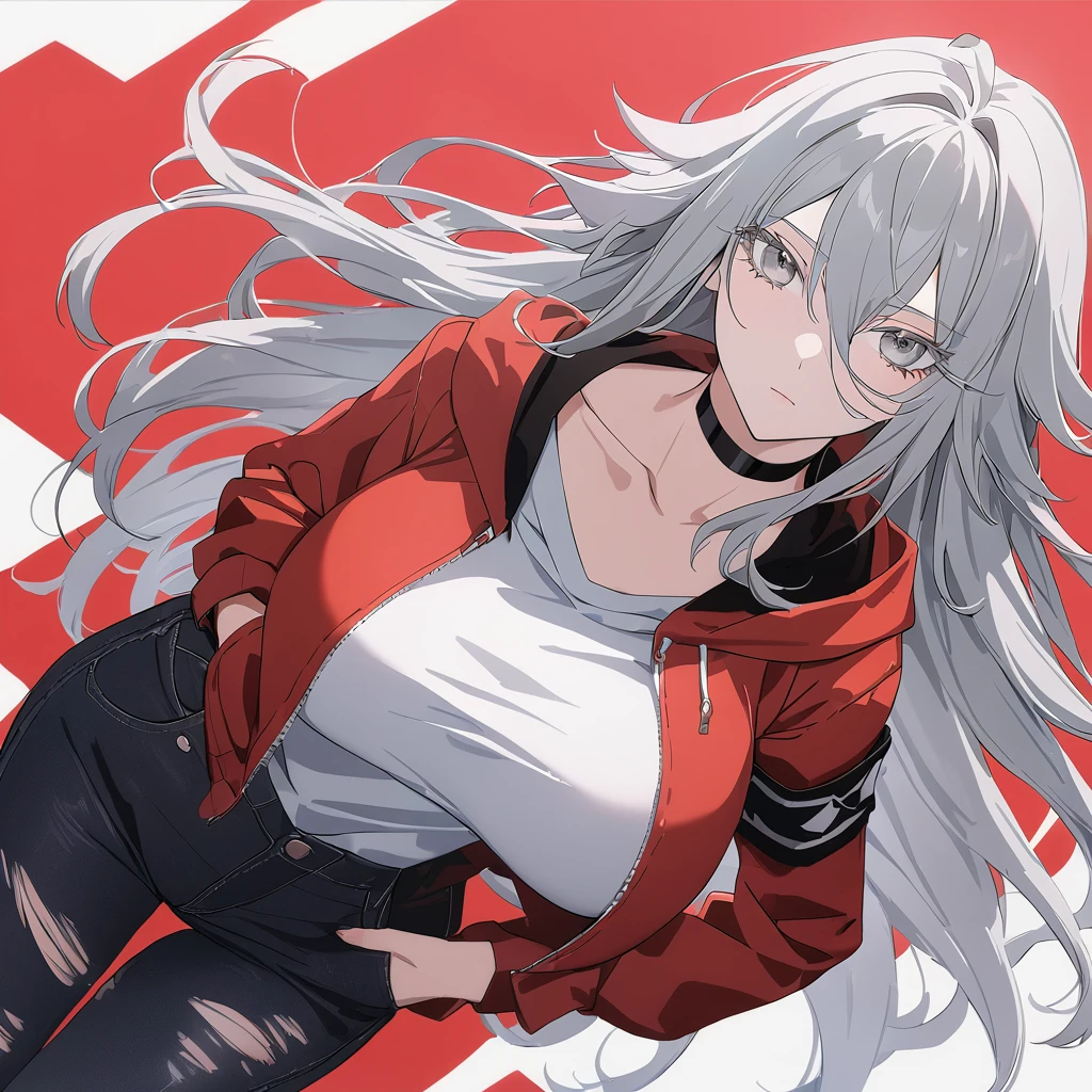 sovetsky_Soyuz, grey hair, long hair, cropped jaket, hoodie over shirt, red armband, torn black jeans, choker, large breasts, first rate breasts, grey eyes, detailed eyes, good eyes, sharp eyes, Long eyelashes, eye shadow, ominous vibe, expressionless, stoic, relaxing, Ultra quality, UHD, high detail, anime aesthetic, Anime screenshot, Ultra quality, UHD, high detail. Abstract red background, standing, hands in pocket