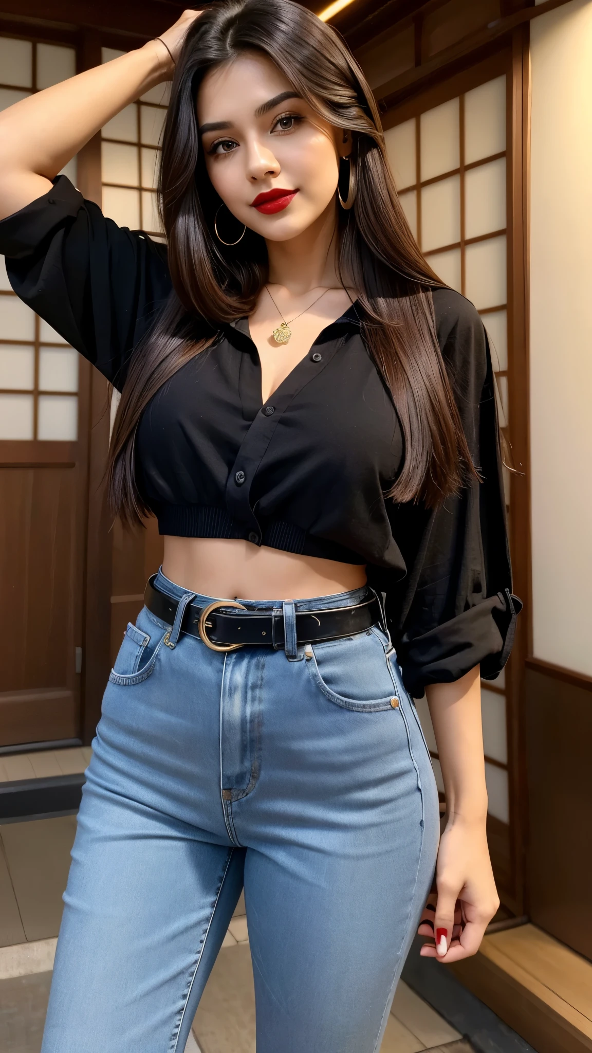 Young woman (asian), black hair, two ponytails, black crop top, belly free, blue-black mimi skirt(plaid), tattoo on right breast, red lips, handbag, big boobs, big butt, sexy