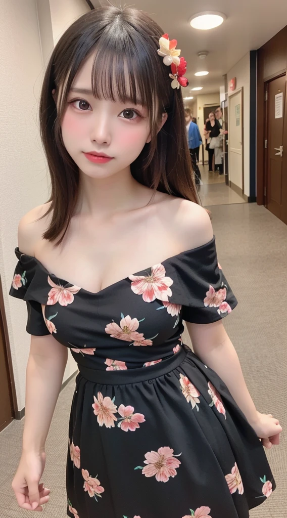 (1 Korean star with royal sister style), ((best quality, 8k, masterpiece: 1.3)), (slender body: 1.3), focus: 1.2, perfect body beauty: 1.4 , (smile), (street: 1.3), highly detailed face and skin texture, fine eyes, double eyelids, whitened skin, (short hair, air bangs: 1.3), (round face: 1.5), (floral dress: 1.4),
