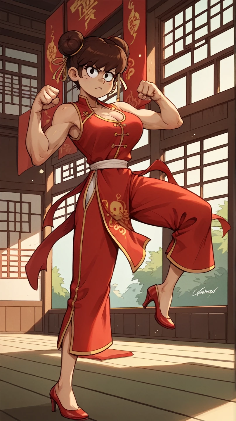 Lynn Loud, 1girl, solo, 24yo girl, large breasts, red cheongsam, inside of a chinese temple, looking at viewer, brown hair, two hair buns, hands score_9, score_8_up, score_7_up,high heels, teep fighting stance,martial arts, chest window