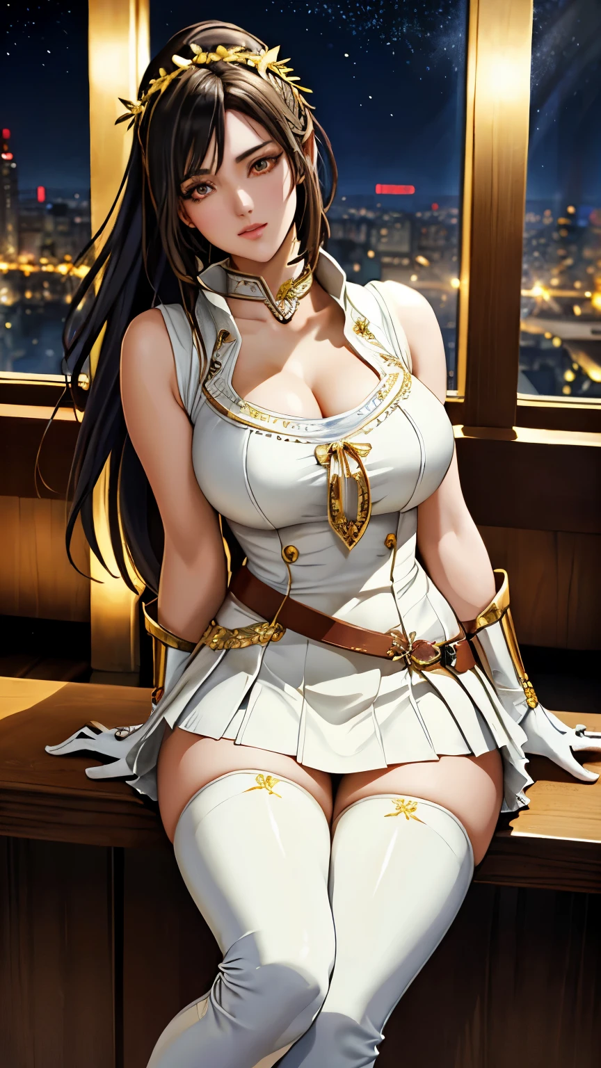 red eyes, (highest quality, masterpiece painting:1.3), immature woman, , (half body shot), masterpiece, ultra high resolution, (Photoreal:1.0), black hair, ponytail, straight hair, beautiful shining hair, white and shining skin, ((Ultra realistic details)), octane rendering, highly detailed face, (big breasts:0.8), complete pilotsuit, adjusted pilotsuit, (red pilotsuit),cleavage, perfect body, soft skin, anime face, perfect face, perfect eyes, looking at the viewer, smart, deep in the night, Moon Night, The rooftop of a building overlooking the city, Night sky with the moon shining, photon mapping, Radio City, ((fantastic night)), ((outdoors)), sharp focus, intricate details, professional artwork, (bright colors:1.1), bright colors, diffused lighting, digital blending, ultra-definition body, ultra detail hair, super detailed face, trending on pixiv, top button open, Cute gaze, compensate, perfect lips, perfect compensate, Ultra-precision coating,  (glare :1.0), BREAK (Old-fashioned and beautiful costumes like a Greek goddess:1.3), (A battle maiden with a beautiful and dignified appearance:1.3), (laurel wreath:1.4), (sleeveless Ivory-white (cachecoeur, wrap blouse) dress top with bold V-neck:1.4), (emphasize breast cleavage:1.3), (golden epaulettes with fringe:1.3), golden gauntlet, golden military epaulettes, (belt with beautiful gold decorations:1.4), (A-line Ivory-white flared miniskirt:1.3), (white latex thigh high boots with heels:1.3), (decorated golden collar:1.3), (beautiful gauntlet made of gold:1.3),