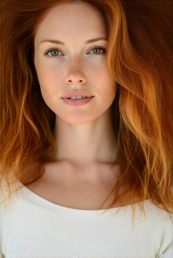 Super realistic image, high quality uhd 8K, of 1 girl, detailed realistic, redhead, long ginger hair, highly detailed realistic skin, (((face, and shoulder portrait))), real and vivid colors ultrarealistic