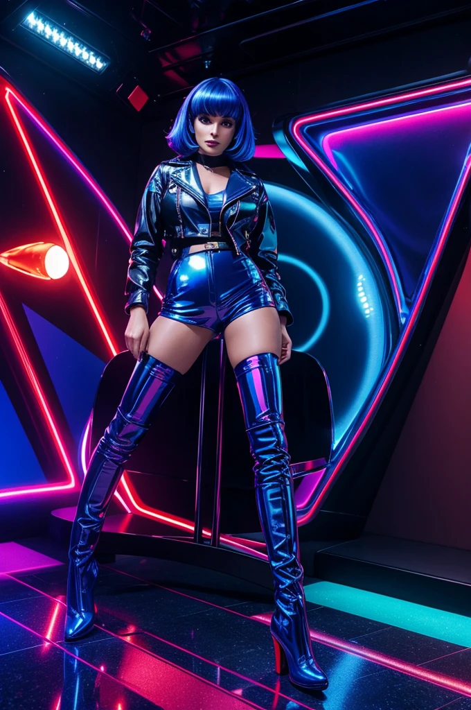 Between lights and disco headlights the fabulous cubista Pamela with short shorts in dark blue leather blue latex jacket and red high boots rides a sphere of iridescent mirrors that emits phosphorescent lights scene