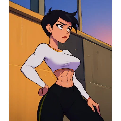 Masterpiece, Best_QualityPos, RAW photo, beautiful face, intricate details, best quality, 8k uhd, soft lighting, 1girl, solo, grey eyes, very short black hair, bob cut, light-skinned, short hair, standing up, beautiful female anatomy, tight long white sleeve shirt, black yoga pants, short breasts, abs , background: rooftop, Lois Lane