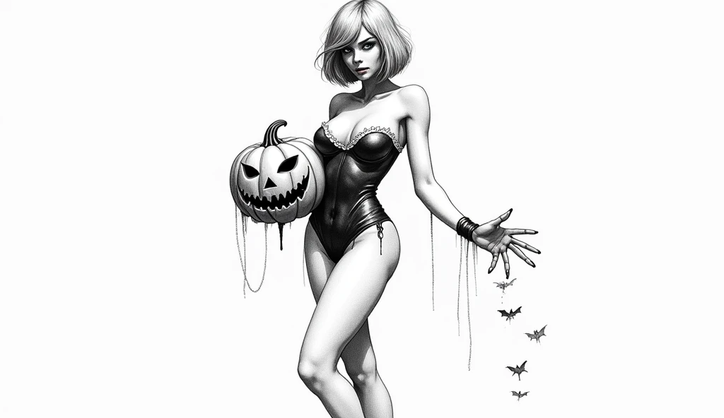 Horror style, darkness, (dynamic angle), darkness , A confrontation between a sexy punk-looking girl, (cleavage), thighs, miniskirt, tight t-shirt, seductive smile, a little sweat (giant skeleton), thoughtful expression from Japanese Ghost Stories, Works artistic and memorable masters, story moments, Close-up of upper body, from above, Battle, dynamic angle, dynamic pose, eroticism, sexy,moon, dark forest,eroticism, sexy, black and white image, between shadows, oil painting, chiaroscuro, sensual, dramatic lighting, moody atmosphere, photorealistic, intricate details, masterpiece, ultra-detailed, high quality, 8k, best quality, realistic, cinematic, dark and brooding, expressionistic, powerful composition, emotional impact,art inspired by Bill Sienkiewicz and Dave McKean