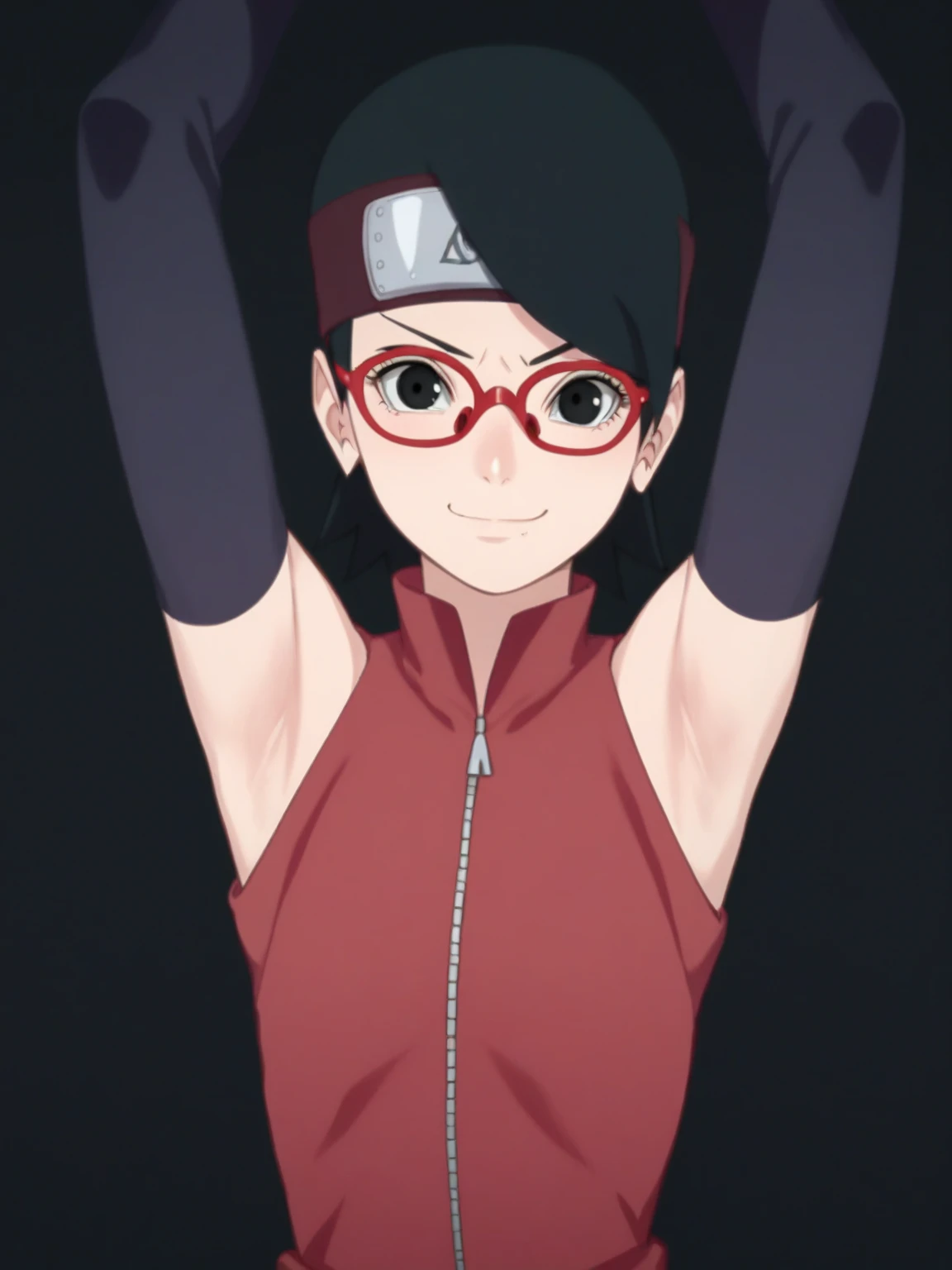 score_9, score_8_up, score_7_up, source_anime, sarada uchiha, short hair, black hair, black eyes, red-framed eyewear, glasses, swept bangs, looking at viewer, eye contact with viewer, smile, smug, closed mouth, light blush, bare shoulders, detached sleeves, black detached sleeves, zipper, dress, red dress, black background, arms up, raised arms, armpits