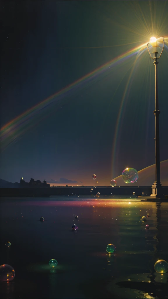 imaginary world, bubbles everywhere, rainbows, mesmerizing, nostalgia, cinematic shot, beautiful lights, masterpiece, 8k render.