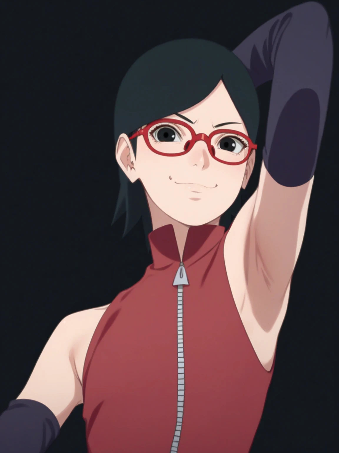 score_9, score_8_up, score_7_up, source_anime, sarada uchiha, short hair, black hair, black eyes, red-framed eyewear, glasses, swept bangs, looking at viewer, eye contact with viewer, smile, smug, closed mouth, light blush, bare shoulders, detached sleeves, (black detached sleeves:1.1), zipper, dress, red dress, black background, arm up, raised arm, (arm behind head:1.2), armpit, from side, from below, flat chest 