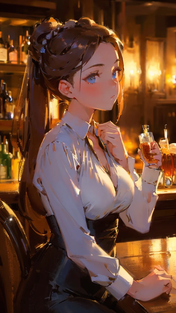 masterpiece, best quality, high quality, detailed, ultra detailed, hyper detailed, insanely detailed, exquisite, beautiful, FHD, Full-HD, 4K, 8K, 16K, highres, absurdres,bar,jazz,bartender,1girl,