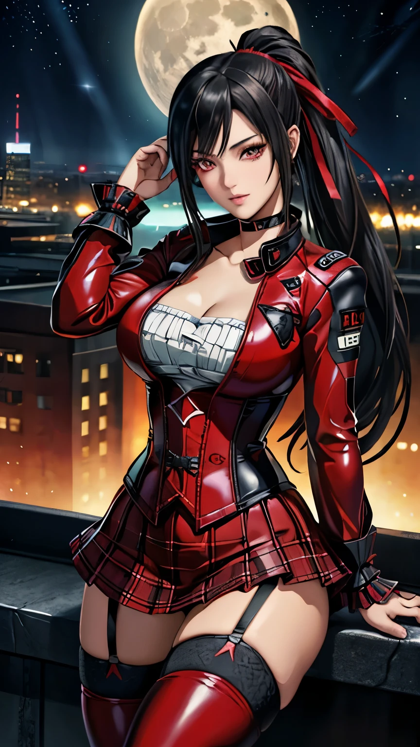 red eyes, (highest quality, masterpiece painting:1.3), immature woman, , (half body shot), masterpiece, ultra high resolution, (Photoreal:1.0), black hair, ponytail, straight hair, beautiful shining hair, white and shining skin, ((Ultra realistic details)), octane rendering, highly detailed face, (big breasts:0.8), complete pilotsuit, adjusted pilotsuit, (red pilotsuit),cleavage, perfect body, soft skin, anime face, perfect face, perfect eyes, looking at the viewer, smart, deep in the night, Moon Night, The rooftop of a building overlooking the city, Night sky with the moon shining, photon mapping, Radio City, ((fantastic night)), ((outdoors)), sharp focus, intricate details, professional artwork, (bright colors:1.1), bright colors, diffused lighting, digital blending, ultra-definition body, ultra detail hair, super detailed face, trending on pixiv, top button open, Cute gaze, compensate, perfect lips, perfect compensate, Ultra-precision coating,  (glare :1.0), BREAK ((gothic ****ta, cute punk fashion):1.3), (wear a long sleeve red latex jacket over a black corset:1.4), (collarbone:1.3), (red A-line multilayer tiered miniskirt with ruffles:1.3), (red latex overknee socks with garter belt:1.3), (red hight platform boots with heels:1.2), (choker with red and black plaid ribbon:1.3),