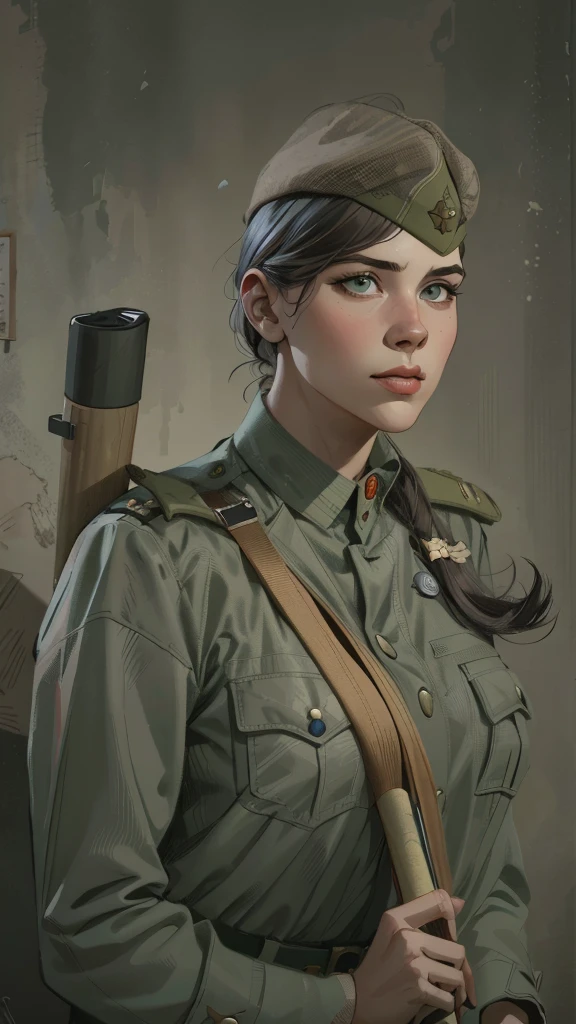 modelshoot style, (extremely detailed CG unity 8k wallpaper, hasselblad award winner), beautiful detailed portrait of a young blonde female, beautiful sports girl in the militia uniform of the Soviet Union, serious look, cinematic lighting, ambient soft lighting, dramatic lighting, diffused soft lighting, aviator style, (detailed background with red flags of the soviet union:1.2), futuristic, imperial style, elite, rich, highly detailed, intricate, sexy uniform, hot body, small breasts, with a long blonde tail and a long brown fur leather coat, artstation, cgsociety art, DeviantArt trending, 8k HD, masterpiece, high quality, sharp focus, digital art by Artgerm and Greg Rutkowski and Alphonse Mucha, professional majestic oil painting by Ed Blinkey, Atey Ghailan, Studio Ghibli, by Jeremy Mann, Greg Manchess, Antonio Moro, trending on ArtStation, trending on CGSociety, Intricate, High Detail, Sharp focus, dramatic, photorealistic painting art by midjourney and greg rutkowski