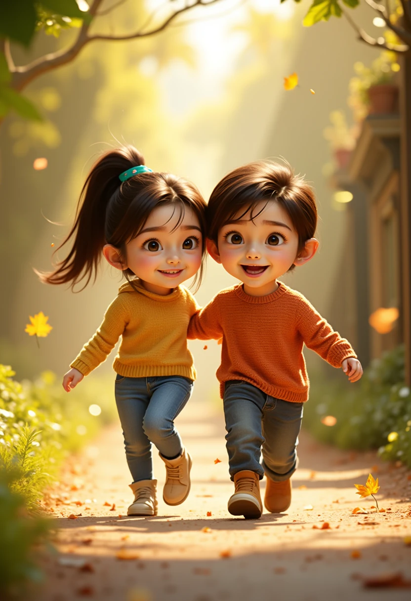 Pixar style, , The girl is with a boy walking and having fun 