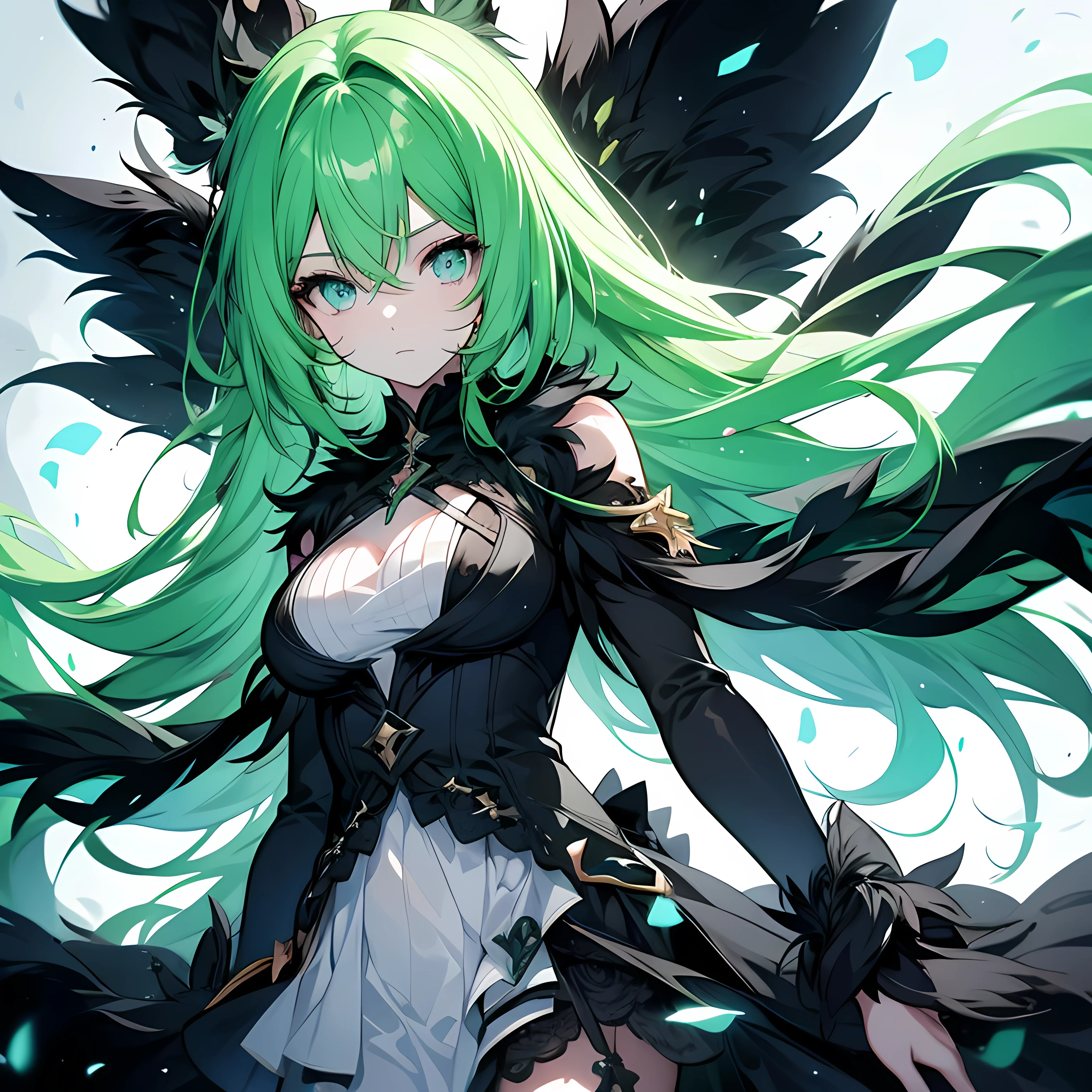 The anime girl and body are completely black, only her eyes shine, with a distant view and her hair is flying and green and black effects