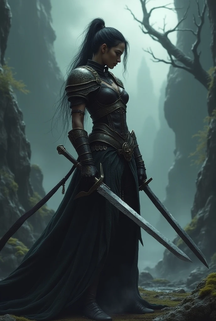 a beautiful woman with black hair and red locks is running at night in the courtyard of a palace while it is raining, and she is wearing armor and is stained with blood