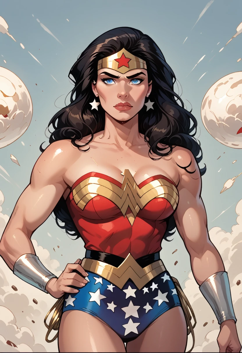 ((( A comic book , CARTOON ART)))  image of Wonder Woman , with her as the central figure. She is standing with her hands on her hips,  looking straight ahead with determination . She wears a red ,  blue and gold outfit ,   with a white star on her chest and a gold tiara on her forehead. Warm body, camel&#39;s feet, Sensual, She has a lot of time, dark straight hair,  blue eyes and red lips.  She is surrounded by a ruined city ,  with destroyed buildings and smoke .  She has a serious and confident expression ,  as if ready to fight evil .  highly detailed .
