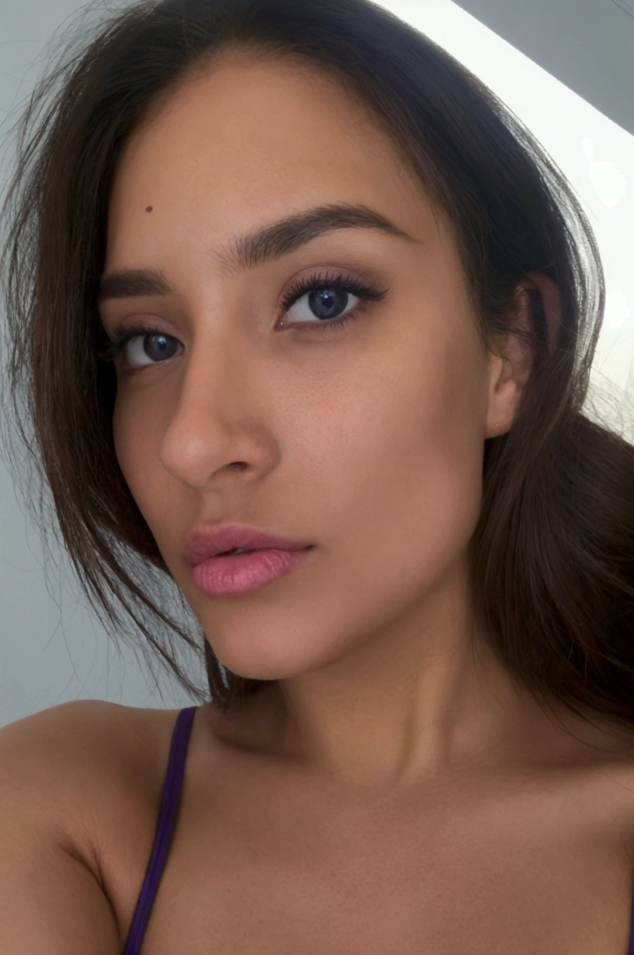 realistic, detailed, realistic details, intricate detail, break,, 1girl, solo, Eurasian, brunette, extremely beautiful, cute, detailed face, detailed skin complexion, beautiful eyes, parted lips, seductive, medium hair, , break,, simple background,, break,, portrait, f1.3/45mm, perspective, depth of field, proportion, focus on face, blurry background, bokeh, sharp focus, depth and dimension, proportion, rule of third, break,, finger nails, bedroom, night, without strabismus, shadows, sport legging, hoodie, full body, living room, without tattoo