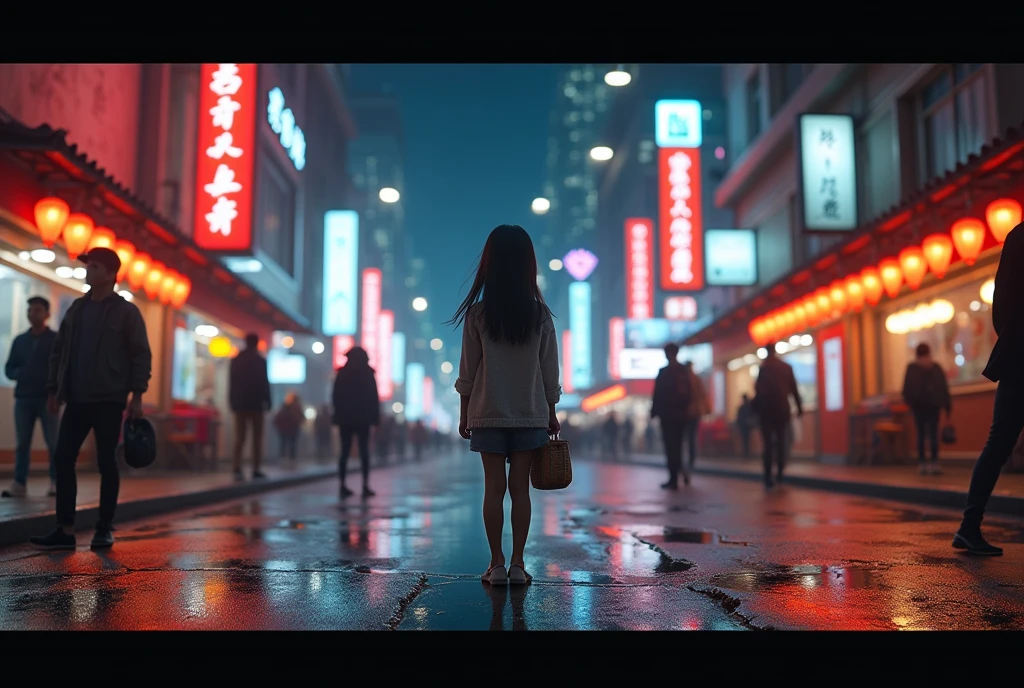 Young Asian-looking girl in a yellow dress standing in the middle of a wet street with the lights of neon signs reflected in it in a futuristic Asian neighborhood