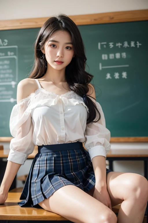 ( Female student standing in the classroom),Charming eyes,Heartwarming action,Turn your face away from the camera,stooped,Bend over,turn back,Look up at your head,thick and long black hair,Highly detailed body,Highly detailed face,best qualtiy、(P boobs iNK underwear),(High School Girls),((Off-the-shoulder白のブレザー、emblem on breasts))、(Off-the-shoulder(Translucent blouse)),,((navy check flare skirt)),(Black stockings)、((White lace underwear is visible))