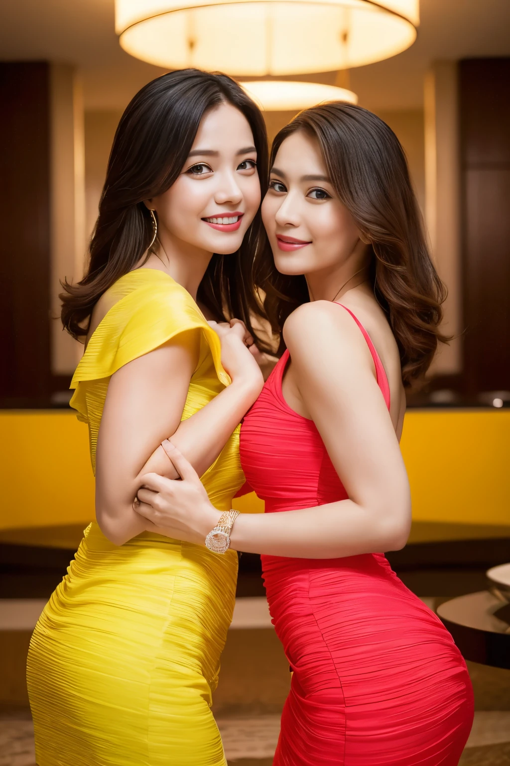score_9, score8_up, (masterpiece:1.5), uhd:1.3, 16k, RAW photo, highly detailed, intricately detailed, ultra realistic, stunning beautiful girl, (Highest quality, Very detailed, Attention to detail, digital coloring,  Best aesthetics), ((1 girl)), Black Hair, Straight Long Hair, Reddish brown eyes, Earrings, Collared shirt, Blue tie, smile, blush, JK, School uniforms, Friendly atmosphere, Beautiful illustrations, (((Low angle shot from below, Spanning the audience))), blue sky, Light, One Girl, Beautiful and well-defined legs and thighs, Highest quality, close, Super fine,  Beautiful, cute baby Face,  russian lolita Girl, blue eyes, high ponytail hair, black hair, hair ornaments, wearing sexy pink mini kebaya dress, micro skirt, Rounded medium Breast, cleavage cutout, slightly Chubby , luxury necklace, White Skin, Smiling, bedroom Background, full body portrait, high heels, Perfect Potrait, Bokeh Effect, Look at Viewer, Armpit, Perfect Eye, Perfect Hand, Perfect Finger, Bracelet, Ring, ((adorable:1.2)), ((masterpiece:1.1)), ((bokeh:1.2)),two 18 year old tween girls trying on cute clothes, two close friends, colored hair, collar, skinny body, detailed pupils, beautiful face, perfect faces like young asian models, tattoo, touching each other, back straps, innocent expression, enticing, full body showing legs, garter with stockings, good lighting, high heels, cute glasses, kawai cosplay girls, strapped colored dresses with cutouts slits, bright playful, thin model, cute young teen girls