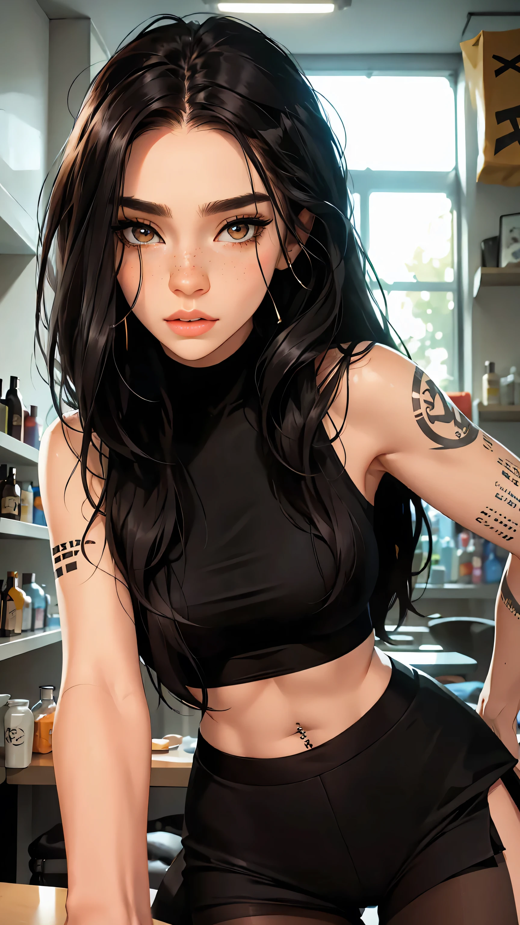 （lifelike， high - resolution：1.3）， 1 girl with a perfect body，slender body, Suprenme face and eyes， blaire ivory, lena anderson, (dark eyelashes, eyeliner), long length  hair, freckles, black hair with dark roots, shoulder length hair, skinny, petite, saloon girl, saloon bartender, long torso, abdomen, torn pantyhose under short shorts, (covered in tattoos, septum piercing)