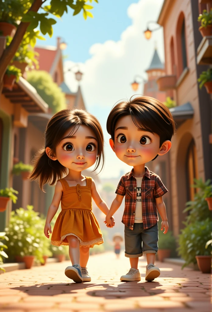 Pixar style, , The girl is with a boy she loves walking and having fun 