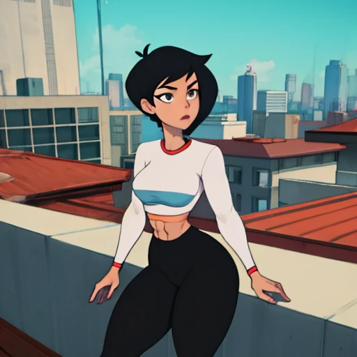 Masterpiece, Best_QualityPos, RAW photo, beautiful face, intricate details, best quality, 8k uhd, soft lighting, 1girl, solo, grey eyes, very short black hair, bob cut, light-skinned, short hair, standing up, beautiful female anatomy, tight long white sleeve shirt, black yoga pants, short breasts, abs , background: rooftop, Lois Lane