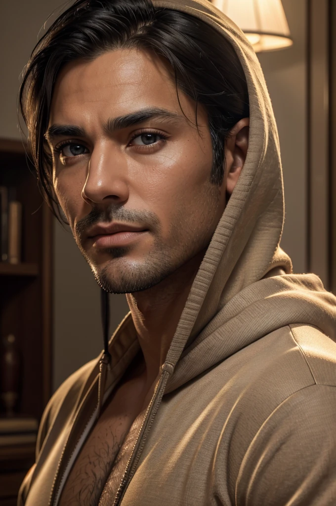 a muscular man, handsome face, early 40s, black hair, super tan skin, chiseled jawline, sweet expression, latino, dilf, hairy chest, zip up hoodie, no shirt, in living room realistic, photorealistic, photo-realistic:1.37, (best quality,4k,8k,highres,masterpiece:1.2),ultra-detailed,(realistic,photorealistic,photo-realistic:1.37),extremely detailed eyes and face, longeyelashes, beautiful detailed eyes, beautiful detailed lips, cinematic lighting, warm color tones, cinematic composition