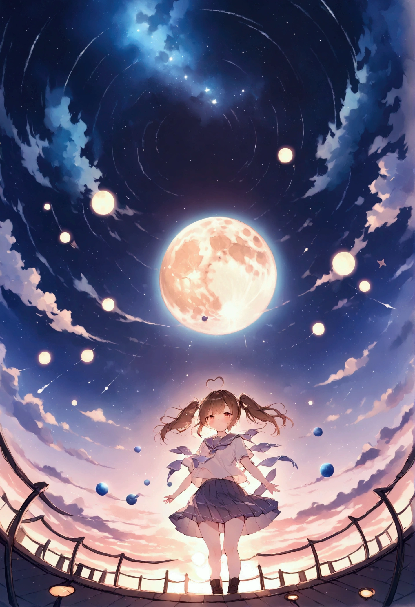 (masterpiece),( Best Quality ),  stargazing   , woman, Brown Hair,   ponytails,   school uniform ,   A huge spaceship is flying through the sky, Fantastic sky, full moon,8k,    Detailed Costumes ,  full moon ,  観客から近い ,Diagonal front angle ,   heart symbol effect on the background close to the audience  ,  Illustration Feeling the Wind , SF,     Great views  ,   beautifully illustrated sky with every detail , (watercolor|1.3)