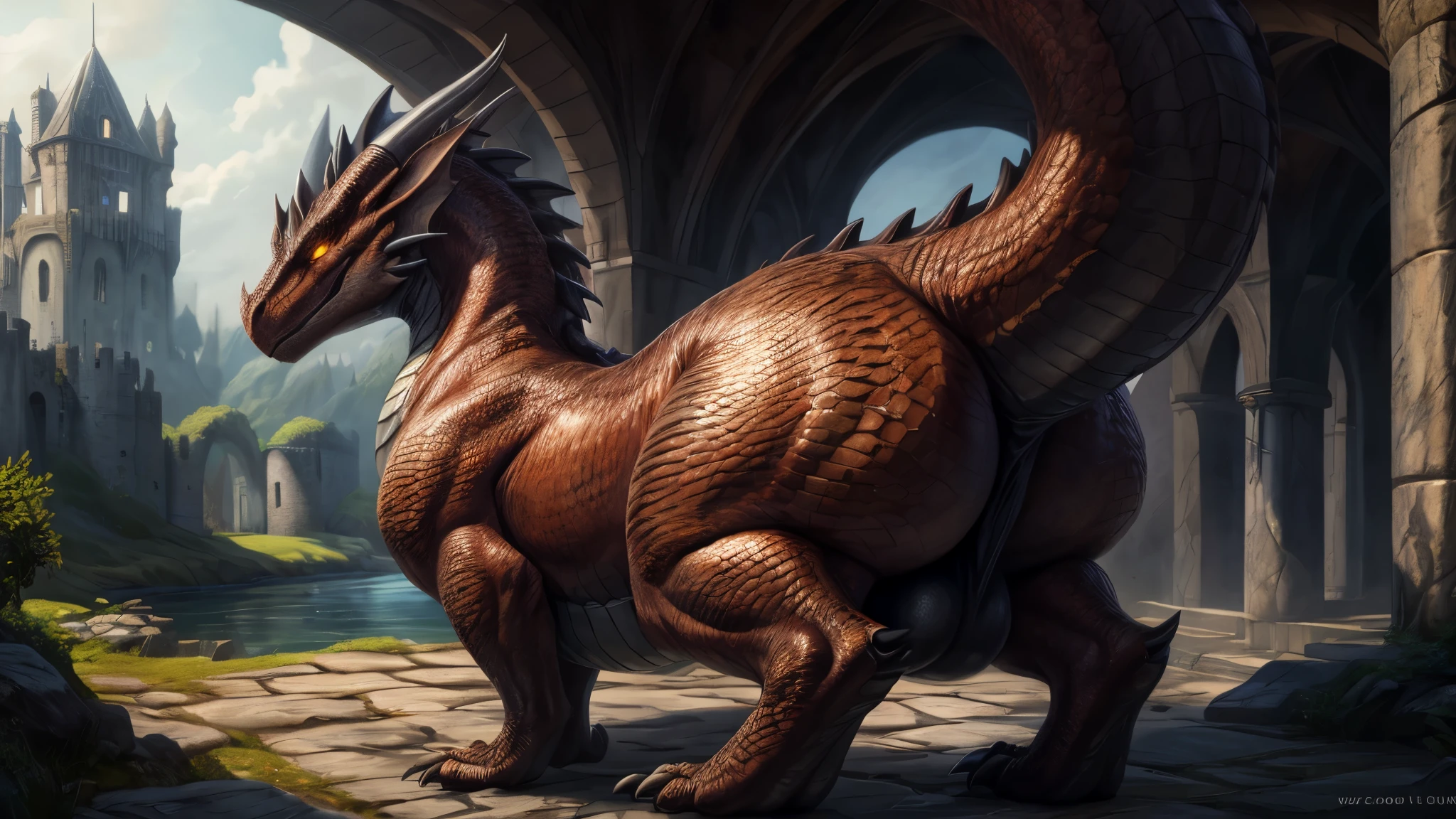 (high quality,4k,8k,highres,masterpiece:1.2),ultra-detailed,(realistic,photorealistic,photo-realistic:1.37),pixiv masterpiece,(intricate details), nsfw, chubby wet feral Dragon with highly detailed orange scales and Black fluffy hair, feral, stunningly sharp-focus, charming chubby body, curvy, huge ass, very big ass, wet ass, wide hips, thicc thighs, enchanting black hue, glowing eyes, empty eyes, swaying tail, impressive scales, powerful presence, mesmerizing beauty, evil posture, well-defined claws, sinister-hearted, radiant aura, captivating artwork, artistically rendered, masterful strokes, attention to detail, tasteful composition, alluring charm, careful shading, great attention to anatomy, meticulous rendering, impeccable craftsmanship, big balls, butt focus, vivid colors, perfect balance between realism and fantasy, wet, sweaty, big fluffy tail, thick tail, booty focus, Landscape shot, old castle, old ruins, dirt, fence, ((feets visible)), on the water, under the bridge,
