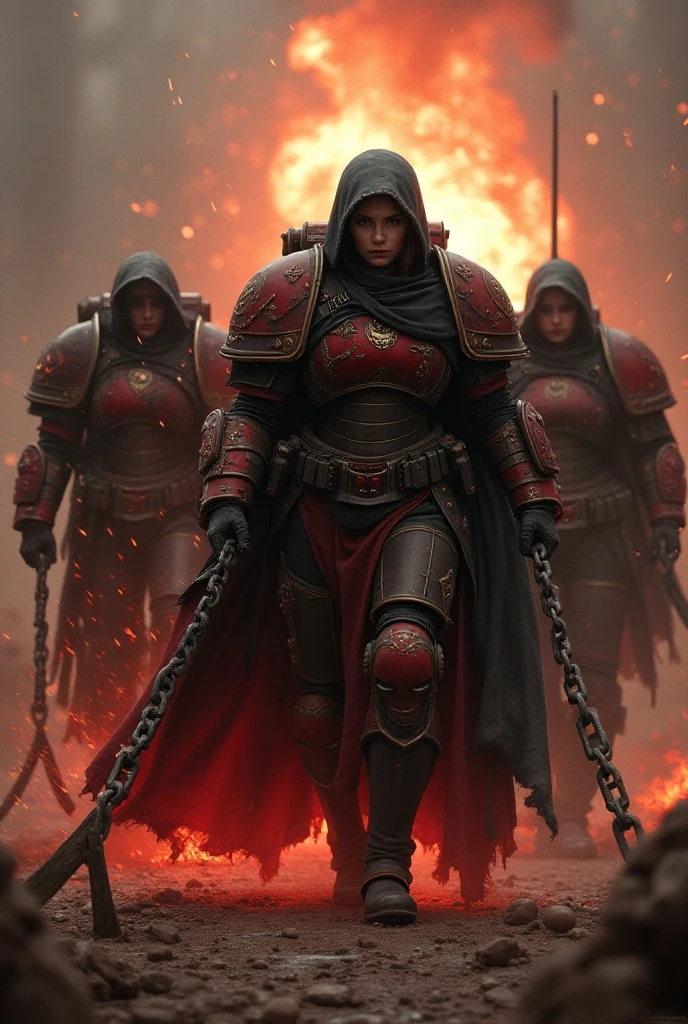 Une scène brutale et impitoyable où Martine, Dora et Bloom combattent dans des armures de l'univers de Warhammer 40k (space mariens) éclaboussées de boue et de sang. Elles sont entourées d'ennemis extraterrestres, mais leur regard est froid et résolu. Des chaînes brisées et des ossements décorent le sol, tandis qu’une explosion derrière elles illumine brièvement la scène d’une lueur rouge, rendant le décor encore plus terrifiant.