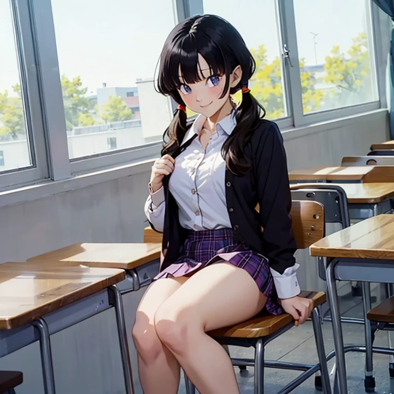 masterpiece, best quality, 1girl, solo, raiden_genshin, school uniform, white shirt, blazer, skirt, red tie, classroom, sitting --auto