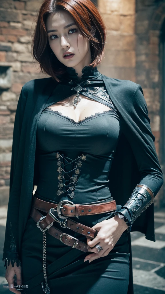 solo, ( turn your gaze ),  Hi-Res, masterpiece,  anatomically correct, Best Quality,  Ultra High Definition,  textured skin, 8K Octane, woman、 short red hair parted in the center、Slanted Eyes、tough face、 medieval fantasy world、 vampire、 sexy clothes dark all over、((Goth Makeup)), Black Cape、((The background is a completely dark underground labyrinth )),Artistic, Tattoo、((Glaring expression)),