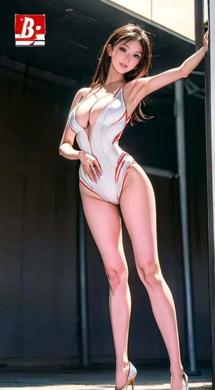 masterpiece, Best Quality ,   1 girl ,From below,(  The background is very pale  , Stretch your legs )，,(とてもLong legs，Thin legs),,  high heels, Angle from Below 、Long legs,stand up,     , Long legs,   perfect body ,Perfect Legs,(exterior)，Budweiser-inspired costumes