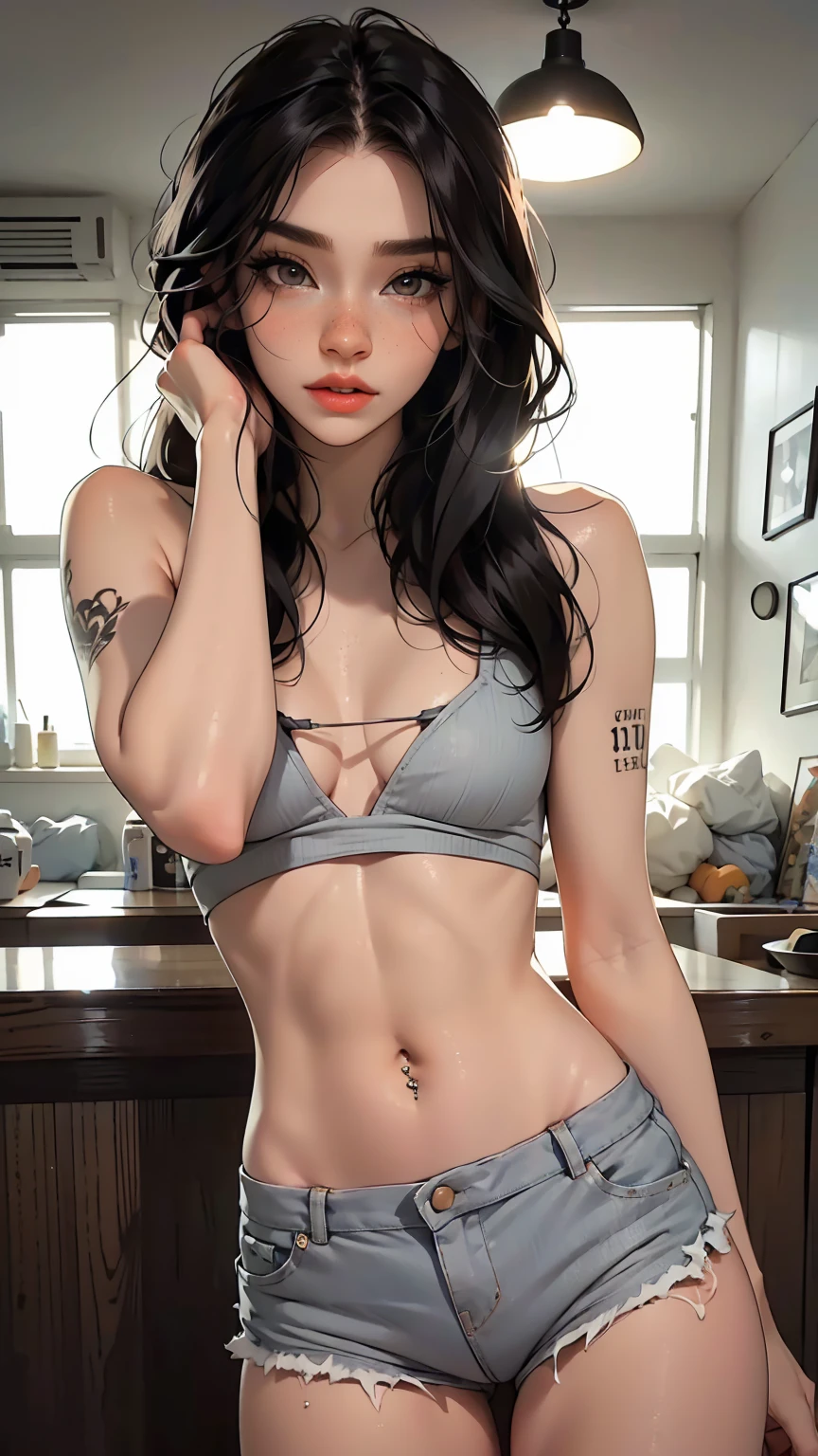 （lifelike， high - resolution：1.3）， 1 girl with a perfect body，slender body, Suprenme face and eyes， blaire ivory, lena anderson, (dark eyelashes, eyeliner), long length  hair, freckles, black hair with dark roots, shoulder length hair, skinny, petite, saloon girl, saloon bartender, long torso, abdomen, torn pantyhose under short shorts, (covered in tattoos, septum piercing), gray eyes