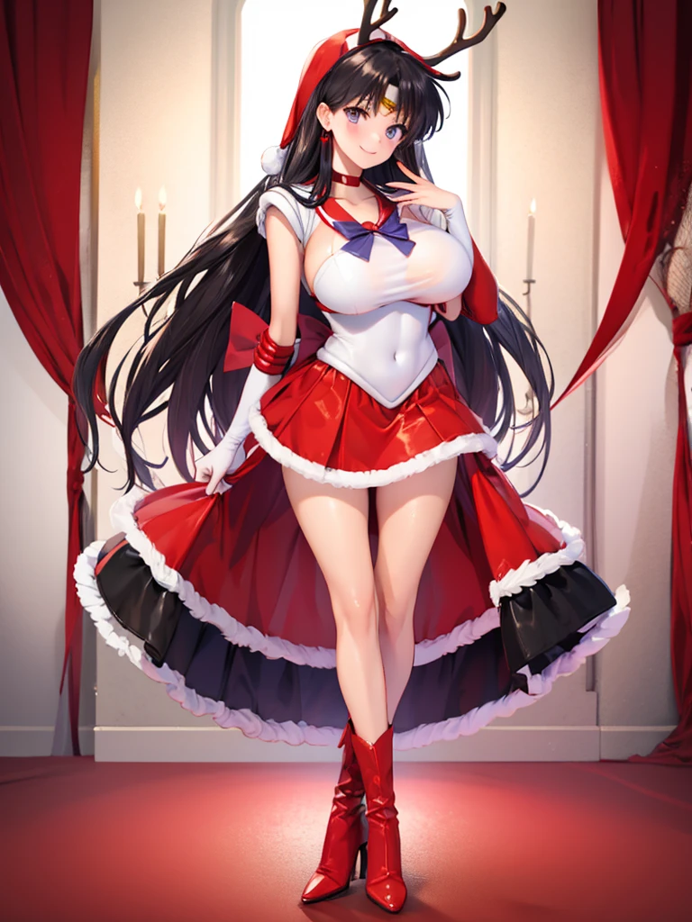 hino_rei, huge_breasts, standing, solo, White_leotard_Red_sailor_collar_Red_miniskirt_White_gloves_Red_high_heels_Star_choker_Purple_bowtie_Red_back_bow_Circlet_Heart_brooch_See-through_sleeves, starry_sky,, masterpiece, best quality, detailed face, detailed eyes, highres,, kkw-ph1, 