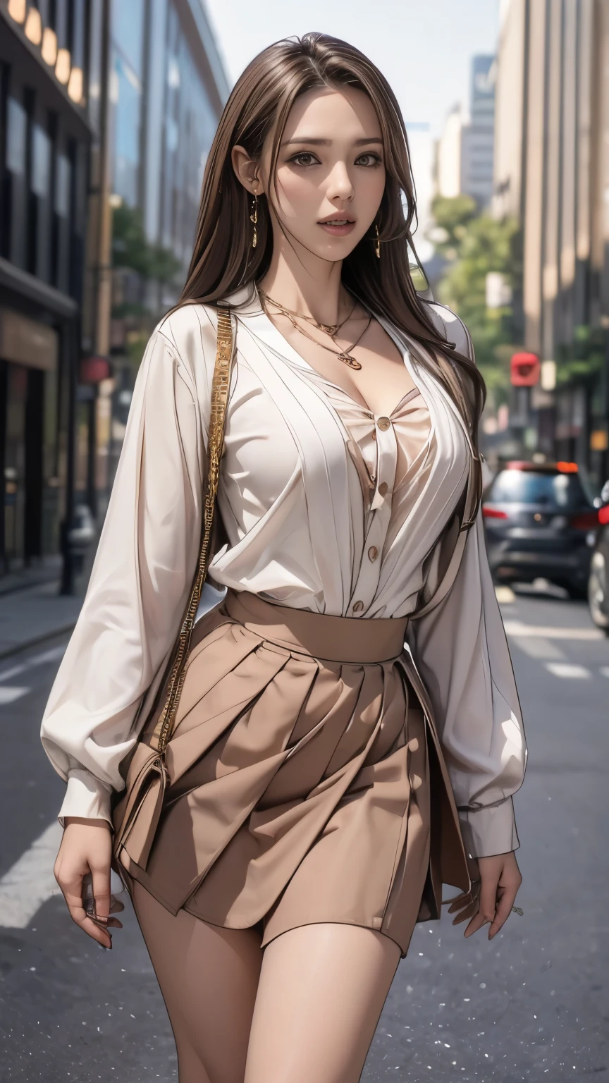 Mix 4, 20 days, One person, suit, School_uniform, School_suit, street, is standing, Curvy, expensive_all, Look_in_が視聴者of中をofぞいています, full_body, (8k, RAW photos from the last century, Best Quality, masterpiece:1.2), (Realistic, 写真ofようにリアル:1.37), Professional Lighting, photon mapping, radio city, Physically Based Rendering , Blurred, Blurred_background, Depth_of_Field、((Super long brown hair:1.4)),((gold necklace_Large earrings:1.2)),((white long sleeve button up blouse_brown pleated mini skirt:1.2))