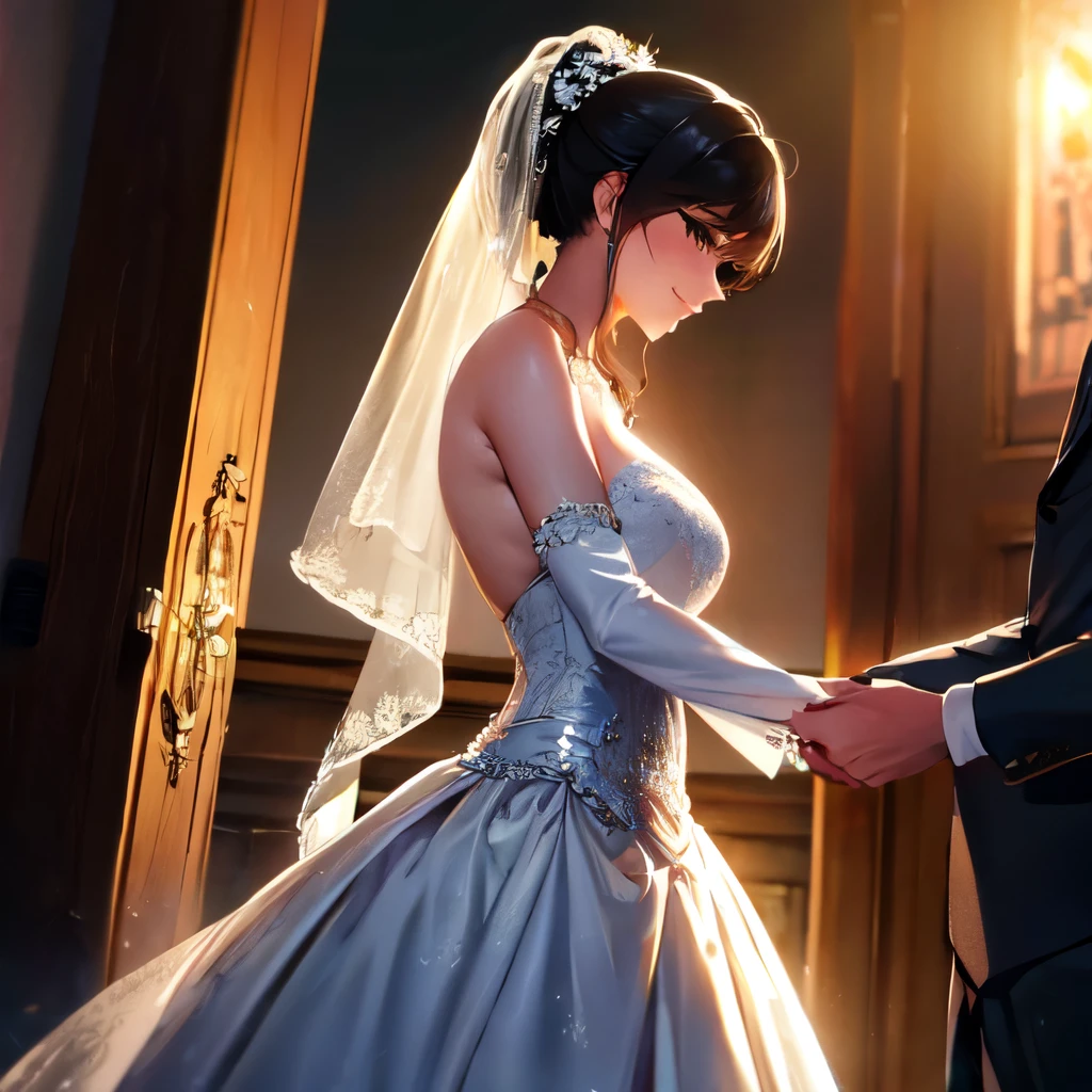 masterpiece, Best quality, masterpiece, Best quality, masterpiece, Best quality, masterpiece, Best quality, high quality, detail_skin, Beatifull_hair, detail_hair, Beatifull_hands, hands_detail, High detail, Ultra detail, HD, 4k, 4280x2240, depth field, (HDR:1.9), Correct anatomy, a masculine boy with short hair black hair abundant brown eyes with full wedding suit from groom to gentleman's suit and Palto flu pants and a girl with very long hair messy hair curly hair wavy hair (((silver hair))) high ponytail with yellow eyes in wedding dress, Dream wedding dress. love. Hand in hand looking at the New Year's sunset sunrise while kissing at church wedding with wedding rings on boy finger and wedding rings on girl finger and smiles, detail, ultra-detail, correct_position, correct_texture, correct_colors, correct_shading, correct_cgi, correct_body, correct_anatomy, correct_proportion, (correct_complete_body), source_anime,score_6_up,score_7_up,score_8_up,score_9, (Beautiful eyes), (detail_eyes), Eyesclothing cutout, veil,see-through,wide sleeves, white leotard,long sleeves,frilled sleeves,frills,bridal veil, Detailedface, artist(ReDrop), Romántica style sleve, EasyNegative_pt , beatifull_detail,