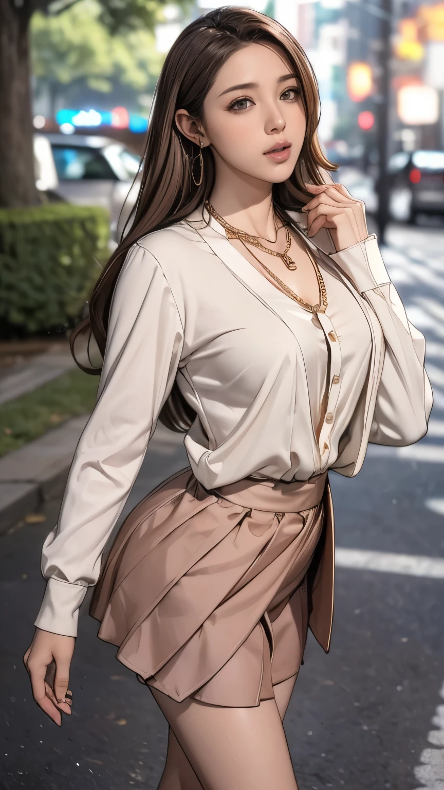 Mix 4, 20 days, One person, suit, School_uniform, School_suit, street, is standing, Curvy, expensive_all, Look_in_が視聴者of中をofぞいています, full_body, (8k, RAW photos from the last century, Best Quality, masterpiece:1.2), (Realistic, 写真ofようにリアル:1.37), Professional Lighting, photon mapping, radio city, Physically Based Rendering , Blurred, Blurred_background, Depth_of_Field、((Super long brown hair:1.4)),((gold necklace_Large earrings:1.2)),((white long sleeve button up blouse_brown pleated mini skirt:1.2))