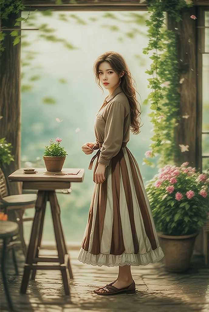 This photograph captures a serene outdoor setting bathed in natural light, likely taken during daytime in spring or summer. The central subject is a woman standing in a lush garden filled with greenery and blooming flowers. She is positioned in the foreground, slightly off-center, facing the camera. Her attire includes a knee-length, vintage-style dress featuring horizontal brown and white stripes, cinched at the waist with a wide belt, and a delicate lace-trimmed hem. Her long, wavy brown hair cascades past her shoulders. The garden features various potted plants and a all wooden table