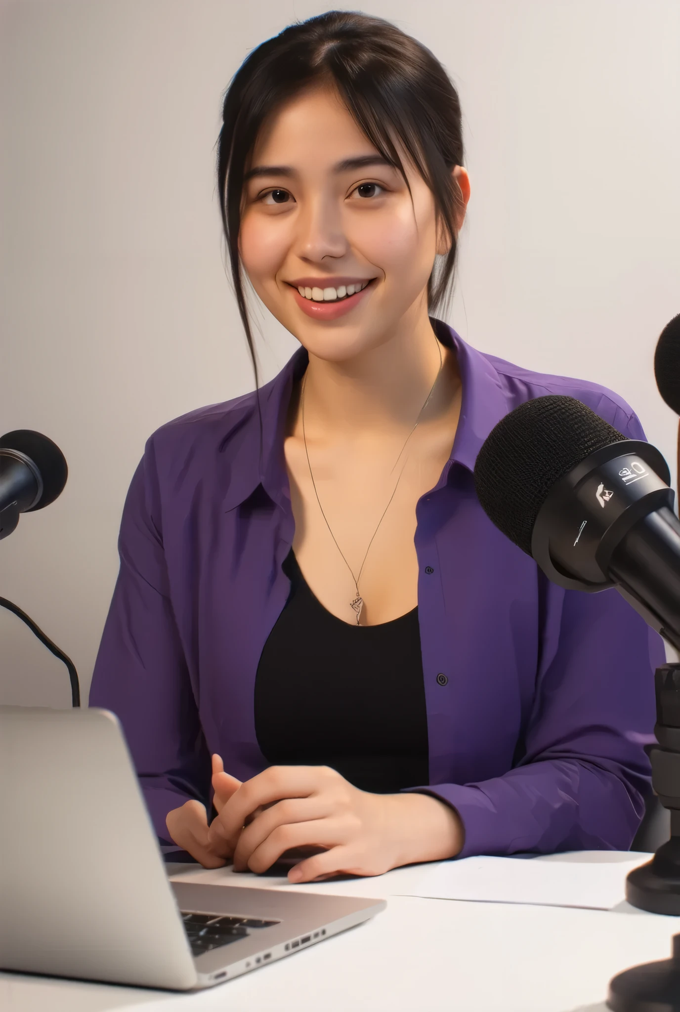 A woman sitting at a desk , holding a laptop and microphone in her hands, sitting in front of a microphone, Twitch streamer , Twitch streamer /gamer ludwig, Be interviewed, accurate portrait, takes control of the situation with a ile , H3H3, With a happy expression, accurately expresses , In front, trending art, shutterstock, studio photoshoot, Very expressive, Realistic animation , Draw the,