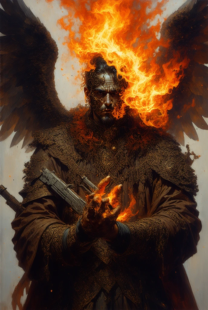 a handsome close-up portrait (SKS person ), post-apocalyptic wizard winged fire, iintricate, Elegant, The is very detailed, the number, art stations, concept-art, ooth private parts, sharp focus , illustratio, Artis:Krenz Cushart、Artem Demura and Alphonse Mucha, ((There is fire in the hand))