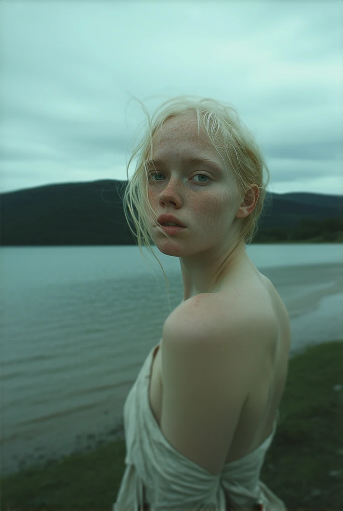 photo won the best quality masterpiece, woman with freckles, blond, blond, emerald eyes, strapless dress, modern Jeremy Lipking by Antonio J. Manzanedo author : lee jeffries Nikon D850 film stock photography 4 camera kodak portra 400 lens f1 . 6 rich colors, realistic textures, ultra-realistic dramatic lighting, unreal mechanism trends at artstation cinestill 800 , fisheyelens, kilt style, windy beach, Lake Scotland, ln the forest