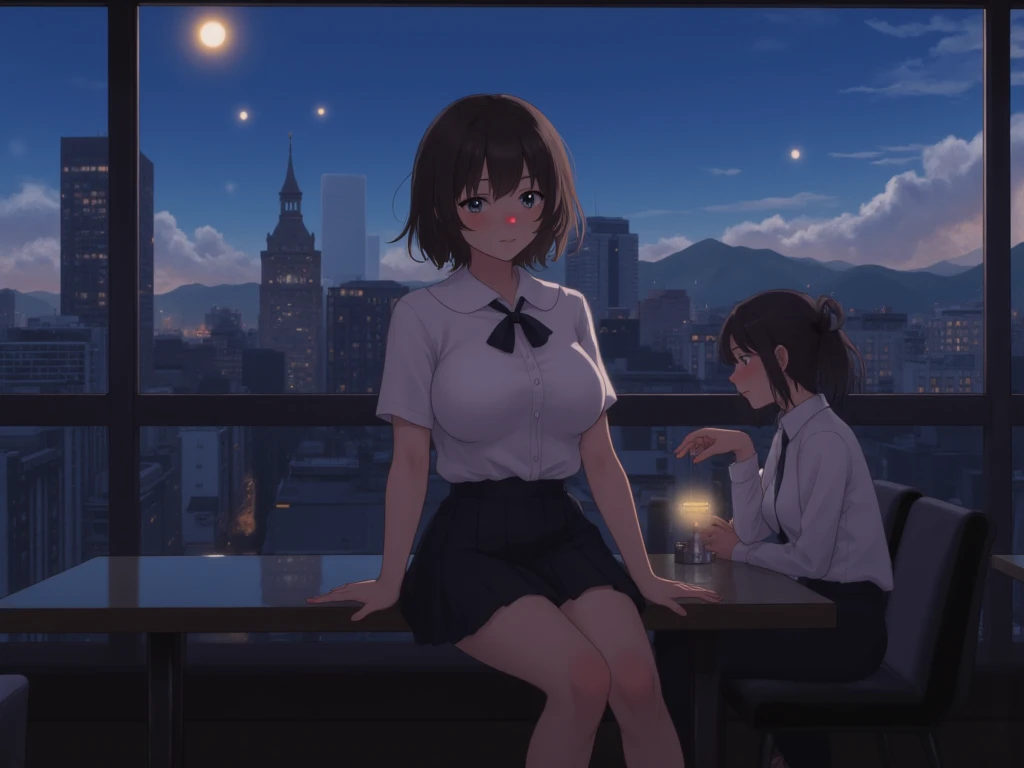 (8 thousand, Best, Masterpiece :1.2), (SFW:1.3), (actual, photo-actual:1.37), extremely detaile, 1个Giant Breast Girl,cute big breasts, Solitary, beautiful detailed sky ,Detailed café,the night,Sat down,dated,( red and swollen nose ),(ssmile:1.1),(Keep one's mouth shut) mediuml breasts, Delicate eyes ,(collared shir:1.1), neck bowtie,pleatedskirt,( short detailed hair :1.2),floated hair