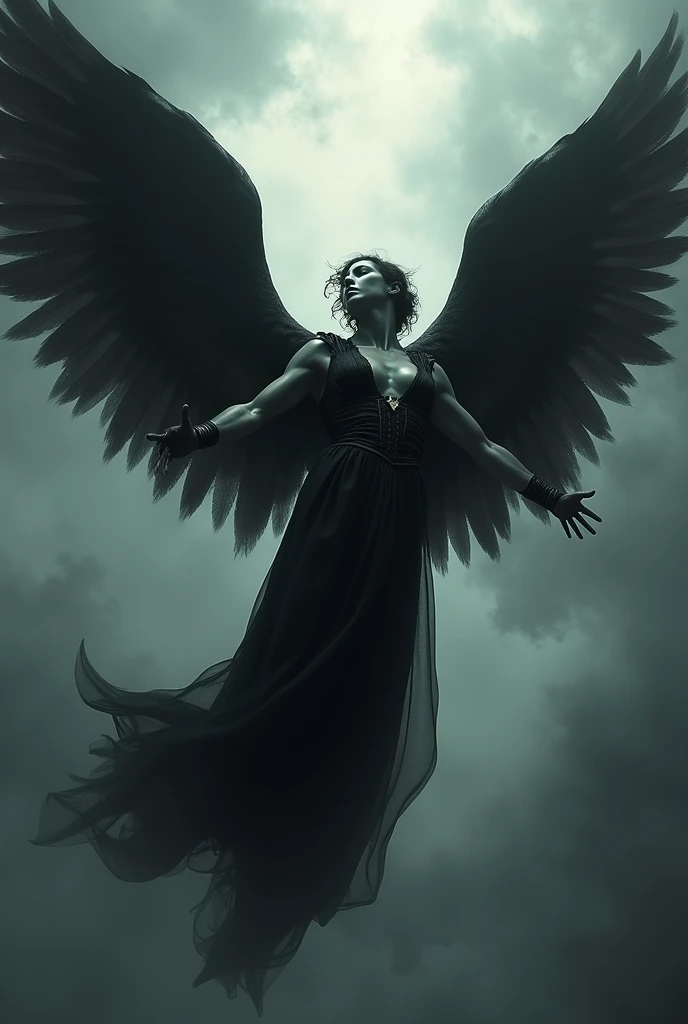 a fallen angel,long hair,sultry,black and white,book illustration,frank frazetta style,taunting,detailed face,beautiful detailed eyes,beautiful detailed lips,extremely detailed face,intricate wings,moody atmosphere,dramatic lighting,dark and gritty,high contrast,cinematic composition,chiaroscuro,masterpiece,ultra-detailed,photorealistic,vivid colors,dramatic