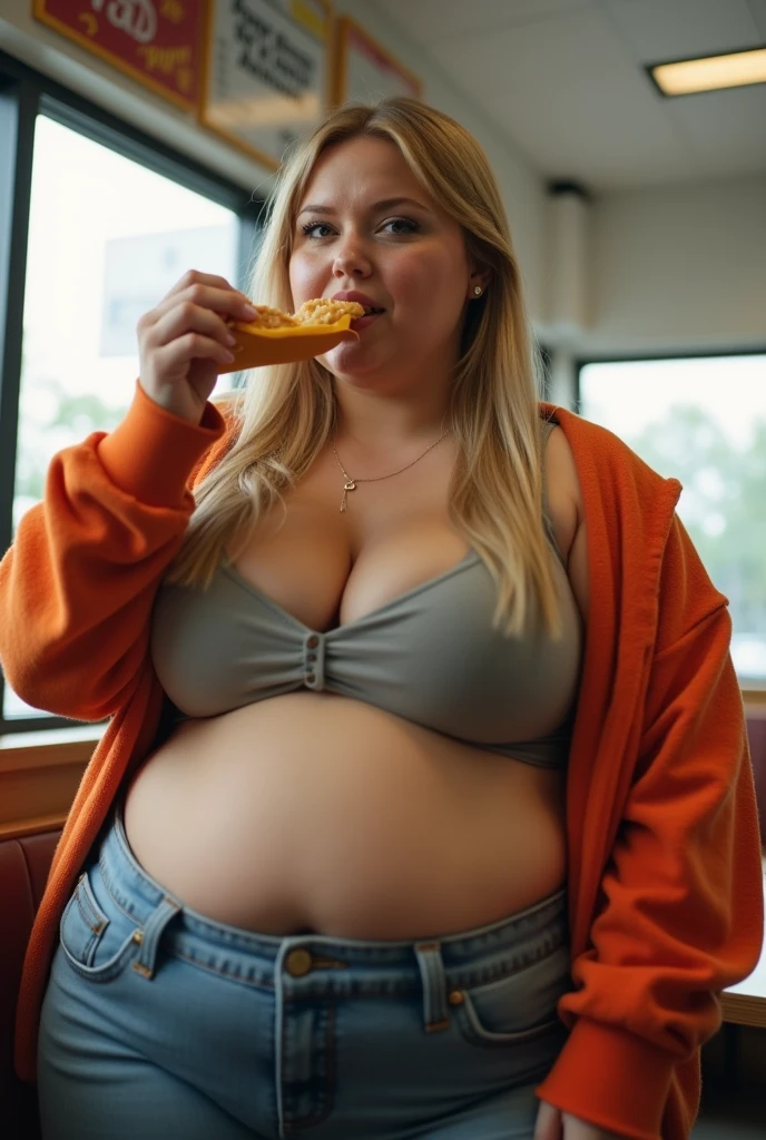 Woman, blonde, 25 years, sitting at table, eating a lot of junk food, bloated belly, shorts, chubby, gaining weight, realistic, perfect, beautiful, playing with belly, stuffing belly, fat, double chin, fat rolls, eating food, pigging out, slob
